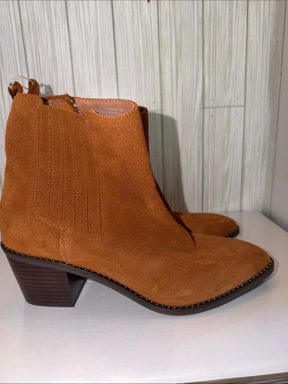 Suede Ankle Booties in Cognac Brown with Studded Trim